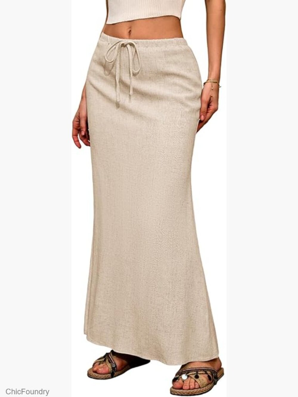 Linen Maxi Skirt Flared Back Slit Elastic Drawstring Waist Lightweight